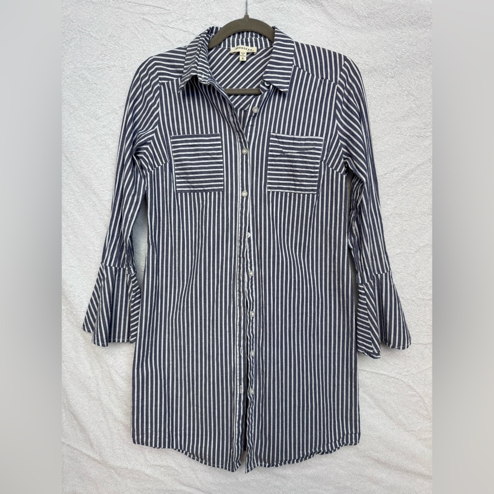 Cotton Stripe Tunic Shirt Dress S Blue White Bell Sleeve Cover Up Resort Coastal
